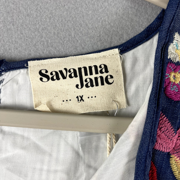 Savanna Jane Embroidered Tunic Top Women 1X Blue Floral Striped Boho Cottage NEW - Picture 9 of 16